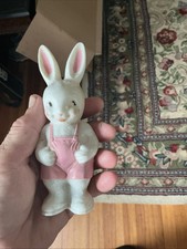 vintage Irwin Easter plastic baby rattle of Easter bunny dressed pink 1950's    picture