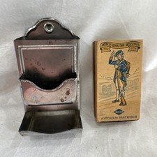 Vtg Antique Match Stick/Matchbox Holder Tin Wall Mount & Bicentennial Matches picture