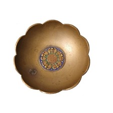 Vintage Chinese Scalloped Brass Bowl Dish Enamel Longevity Medallion Footed 4.5