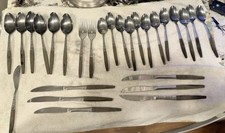 Vintage Interpur Stainless Flatware Woodgrain plastic Handle Japan MCM 27 piece  picture