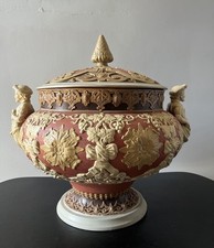German 1894 Mettlach Punch bowl with Cover & Cavalier Handles Rare Antique picture