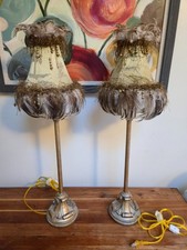 Vintage Hollywood Regency Candlestick Lamps Pair Rooster Feather Shades 27.5