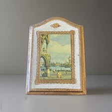 Vtg Italian Florentine Arch Top Wood Wall Plaque Harbor Scene Nautical 5x7 picture