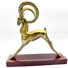 Vintage Brass Ibex Figurine Statue Wood Base Mid Century Modern Korea 9
