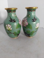 2 Chinese Cloisonne Vases Blue/Green Patterns  Color Flowers Birds Asian Vase picture