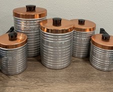 Vintage Mid Century Nasco Italy 5-Piece Canister Set Copper Lids MCM picture