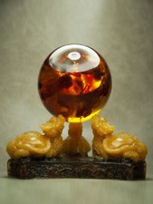 3 Yellow Baltic Amber Dragons holding Amber Ball with inclusion Bee - Wholesale picture