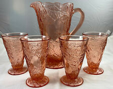 Pink Sweet Pear Pitcher Depression Glass 9.5 in W/ 4 Footed Tumblers Set Tiara picture
