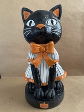 Retro Halloween Black Cat Figurine with Striped Dress & Orange Bow  Resin picture