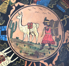 Vintage Pisac Cusco Peru Hand Painted Ceramic Wall Plate Llama Folk Art 7.5