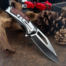 Wood Black Tactical Spring Assisted Open Blade Folding Pocket Knife Hunting. picture