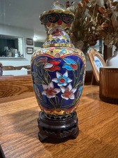 Vintage Chinese Cloisonné Floral Enamel Vase 6” Tall with Stand picture