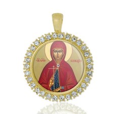St Claudia Christian Round Medal Gold Tone Pendant with Rhinestones picture