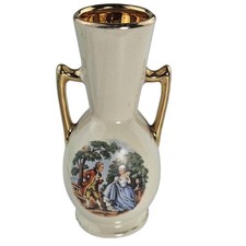 Vintage Courting Couple Ceramic Urn Vase Double Handled Gold Trim 6.75 Inch picture