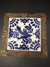 VTG 1970s Dal-Tile Mexico Footed Wood Trivet Hand Painted Blue Bird Ceramic 6