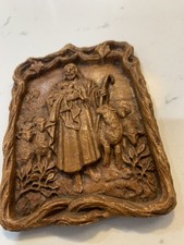 Vintage Faux Wood Carved Jesus The Good Shepherd Wall Pocket Plaque Hanging picture