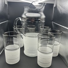 MacBeth Evans Platinum Ring Frosted 1930s Juice Cocktail Bar Pitcher & 6 Glasses picture