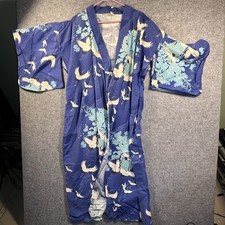 Vintage Japanese Cotton Kimono Blue Red Crowned Cranes Birds Robe picture