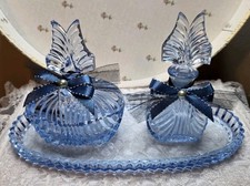 Viking Blue Glass Trinket Candy Perfume Bottles w Tray VTG 3 piece Vanity Decor picture