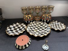 Vtg 13pc MacKenzie Childs Circus Rose Goblets Vases Courtly Check Tier Plates picture