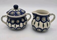 Polish Pottery Stoneware Covered Sugar Bowl & Creamer Blue White 3 Piece Set  picture
