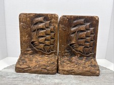 Ornate Syroco Wood Clipper Ships Sailing Sailboat Bookends Carved Wood Read picture