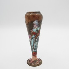 Antique Austrian Scenic Enamel Vase w/ Woman Walking in Garden, Fan, Feather Hat picture