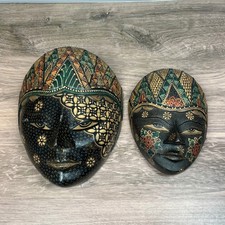 Batik Mask Set 2pc Hand Carved Painted Black Gold Indonesian  Wood Folk Art picture