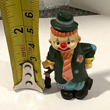 VTG Enesco Ceramic Hobo Clown Figurine Leaning on Umbrella Green Coat picture