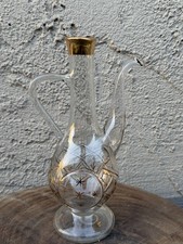 Vintage Bohemian Czech Glass Decanter Ewer Hand Painted 24K Gold Mid Century picture