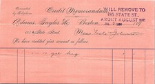 1898 Boston Adams, Taylor & Co. Credit Memo picture