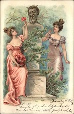 GRECO ROMAN ART NOUVEAU Young Girls w Garden Statue Antique Postcard picture