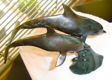 Dolphin Statue Brass Verdigris Wave Sculpture Figurine Art Home Decor Ocean Vtg picture