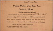 Postcard Dirigo Mutual Fire In Co Gorham Maine 16th Assessment 1915 picture