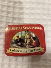 Vintage Celestial Seasonings tin Celebrating Tea Time mini metal box red picture