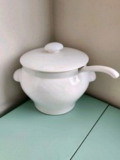 Vintage SECLA Portugal White Ceramic Soup Tureen W/ Lid Serving Bowl Ladle Spoon picture