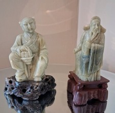 Vtg Lot Of 2 Chinese Carved Soapstone Immortal Lan Caihe And Scholar Figurines picture