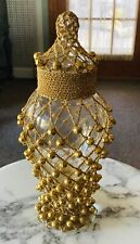 Vintage 1960’s Gold Crochet Beaded Apothecary Glass Jar w/Lid  picture
