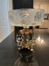 Vintage Rose Pattern Glass Compote with Ornate Brass Base and Crystal Prisms picture
