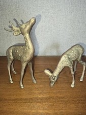 Vtg Pair Of Beautiful Brass Deer-Buck & Doe/MCM Figurines/detailed/Spotted/heavy picture