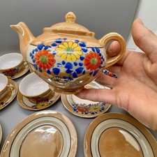 Vintage MCM Japan Orange Floral Lusterware Iridescent 17 Piece Porcelain Tea Set picture