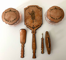 Vintage Pink/Peach Floral Vanity Set: Hand Mirror, Shoe Horn, Nail Items, 2 Jars picture