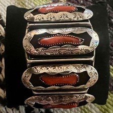 Vtg Estate Sterling Silver Navajo Mediterranean Coral Shadowbox Cuff Bracelet picture