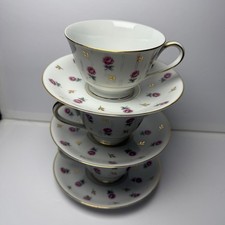 Noritake Rosalie 3052 Japan Teacups Saucers Pink Roses Gold Trim Set 3 Vintage picture