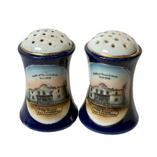 SAN ANTONIO The Alamo TX TEXAS ANTIQUE Souvenir China COBALT TRINKET SHAKERS picture