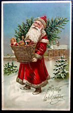 Red  Robe Santa Claus with Basket of Toys~Tree~Antique~Christmas Postcard~k277 picture