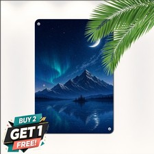 Minimalist Moonlit Mountain Lake Night Reflection Retro Metal Tin Sign Art picture