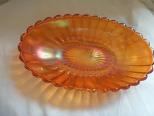 Carnival Glass marigold pressed oval Bowl orange frilled petal design star base picture