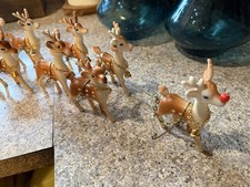 Vintage Set of 9 Christmas Reindeer With Bells Sleigh And Santa Japan MCM Nice picture