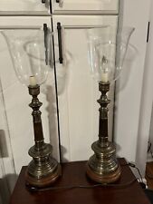 Pair Of Vintage Torchier  Brass Table Lamps Leather Trim Stiffel Style 25” picture